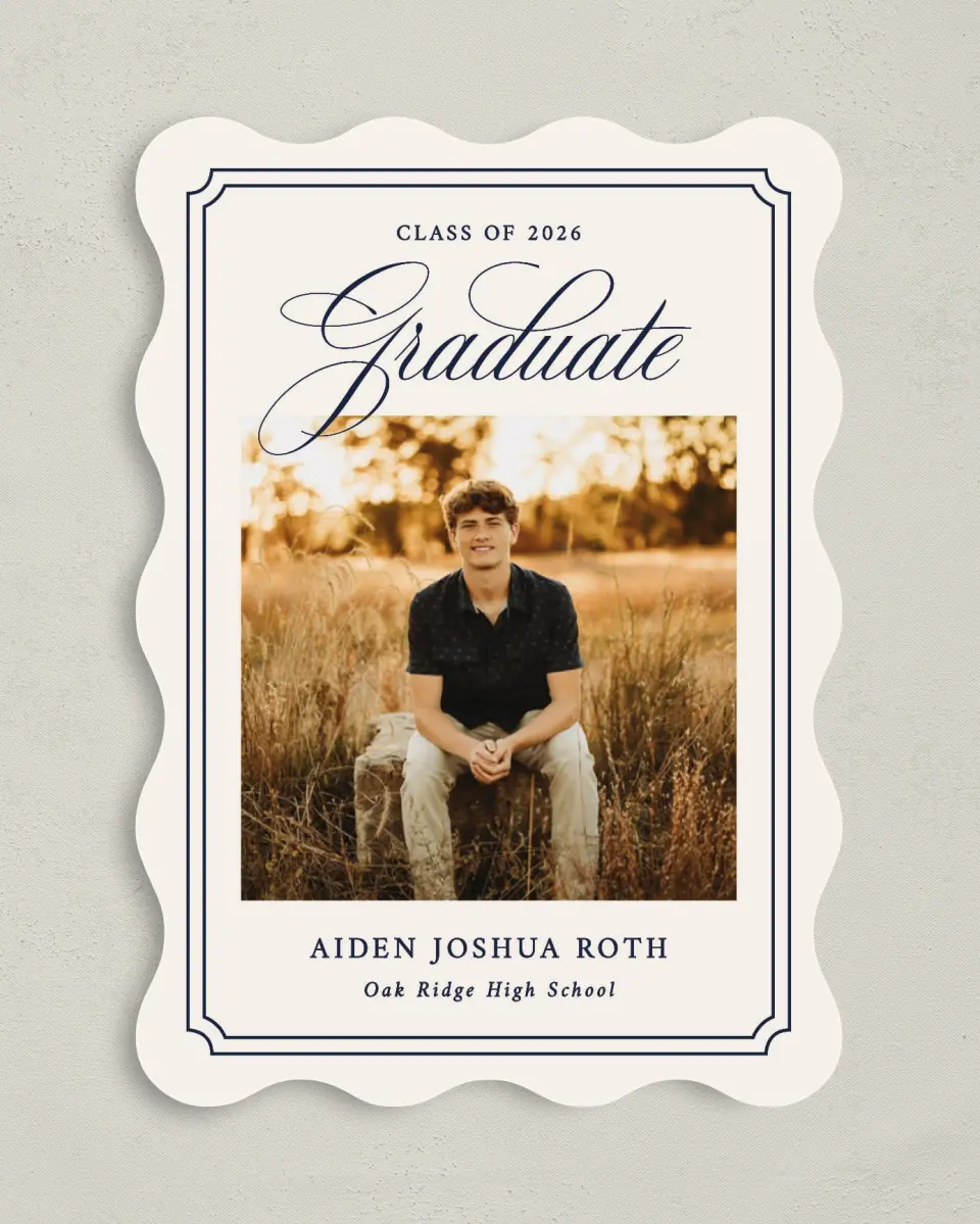 This is a 5" x 7" Graduation Announcement Card called Formal Frame printed in full color with Gold foil on Premium Smooth paper