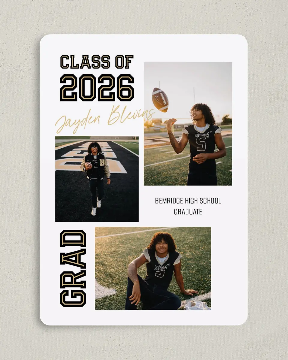 This is a 5" x 7" Graduation Announcement Card called Varsity Vibes printed in full color with Gold foil on Premium Smooth paper