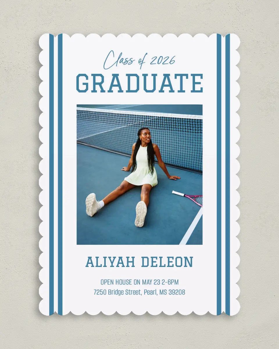 This is a 5" x 7" Graduation Announcement Card called Varsity Stripes printed in full color with Gold foil on Premium Smooth paper