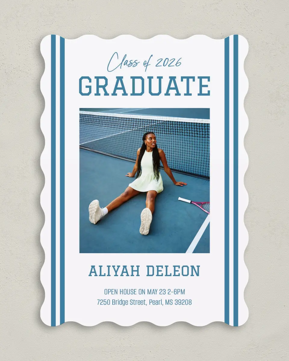 This is a 5" x 7" Graduation Announcement Card called Varsity Stripes printed in full color with Gold foil on Premium Smooth paper