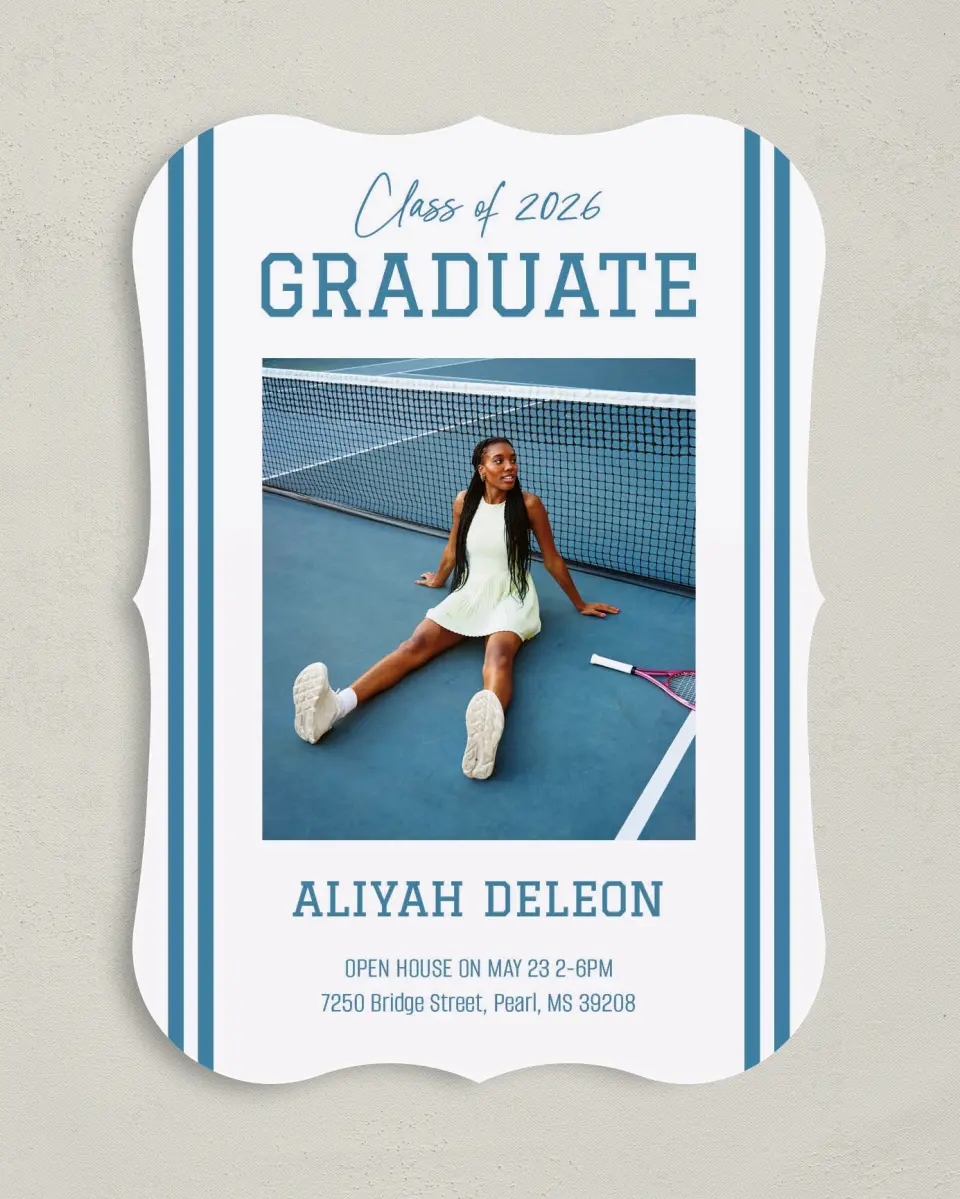 This is a 5" x 7" Graduation Announcement Card called Varsity Stripes printed in full color with Gold foil on Premium Smooth paper
