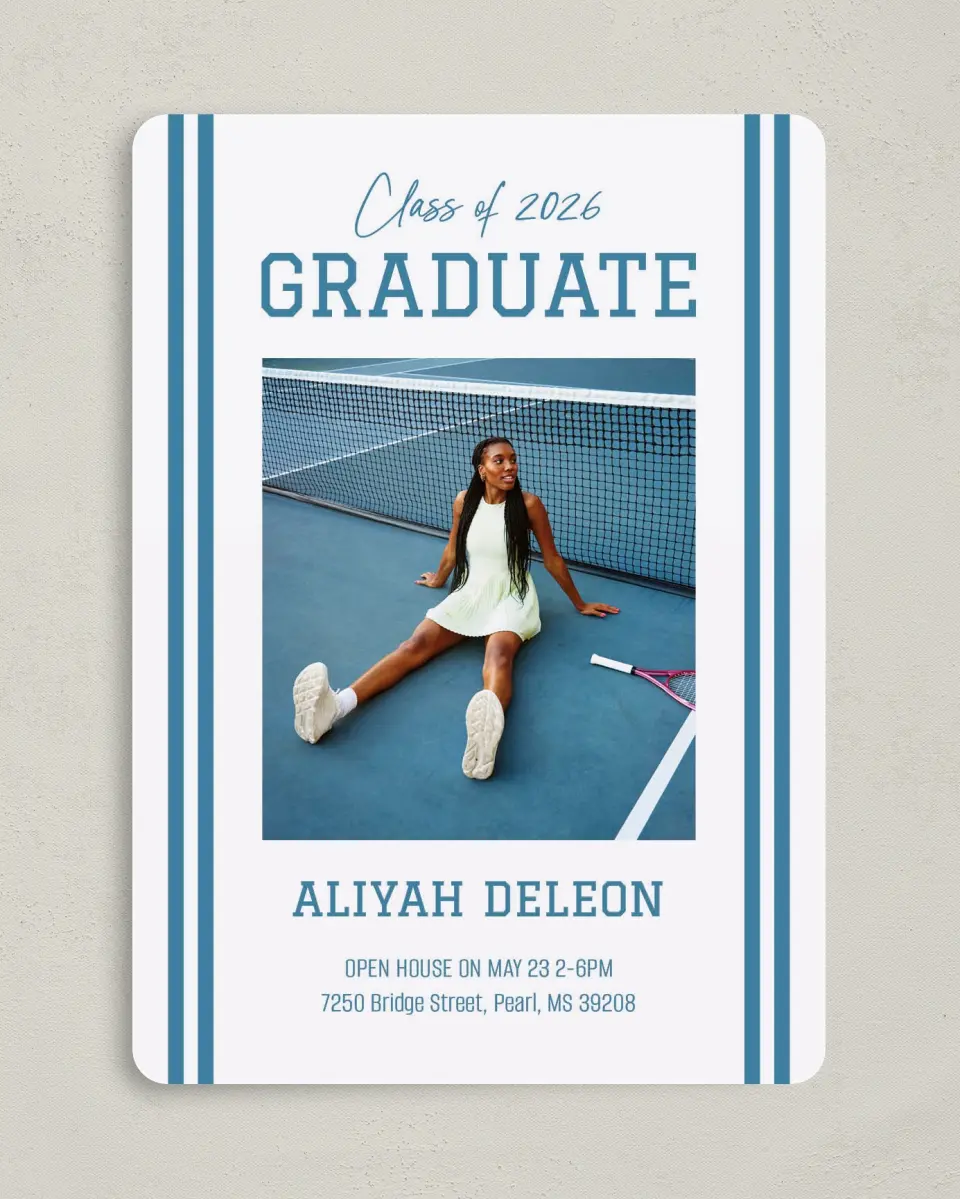 This is a 5" x 7" Graduation Announcement Card called Varsity Stripes printed in full color with Gold foil on Premium Smooth paper