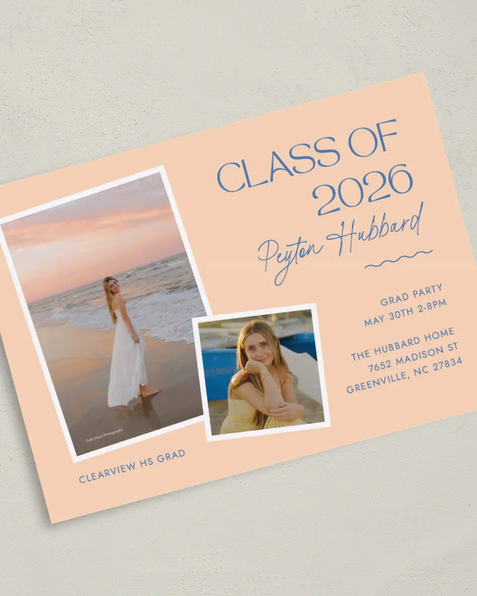 This is a 5" x 7" Graduation Announcement Card called Modern Montage printed in full color with Gold foil on Premium Smooth paper