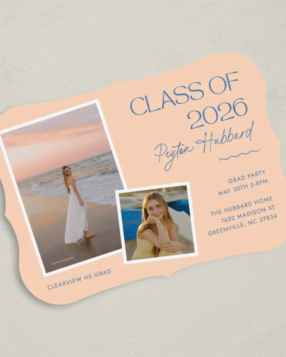 This is a 5" x 7" Graduation Announcement Card called Modern Montage printed in full color with Gold foil on Premium Smooth paper