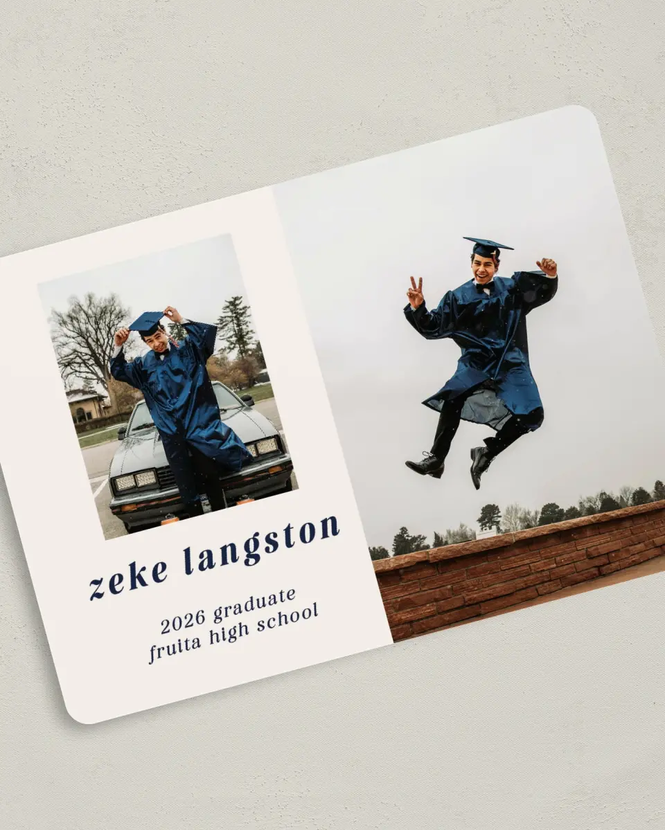 This is a 5" x 7" Graduation Announcement Card called Jumping Jubilee printed in full color on Premium Smooth paper