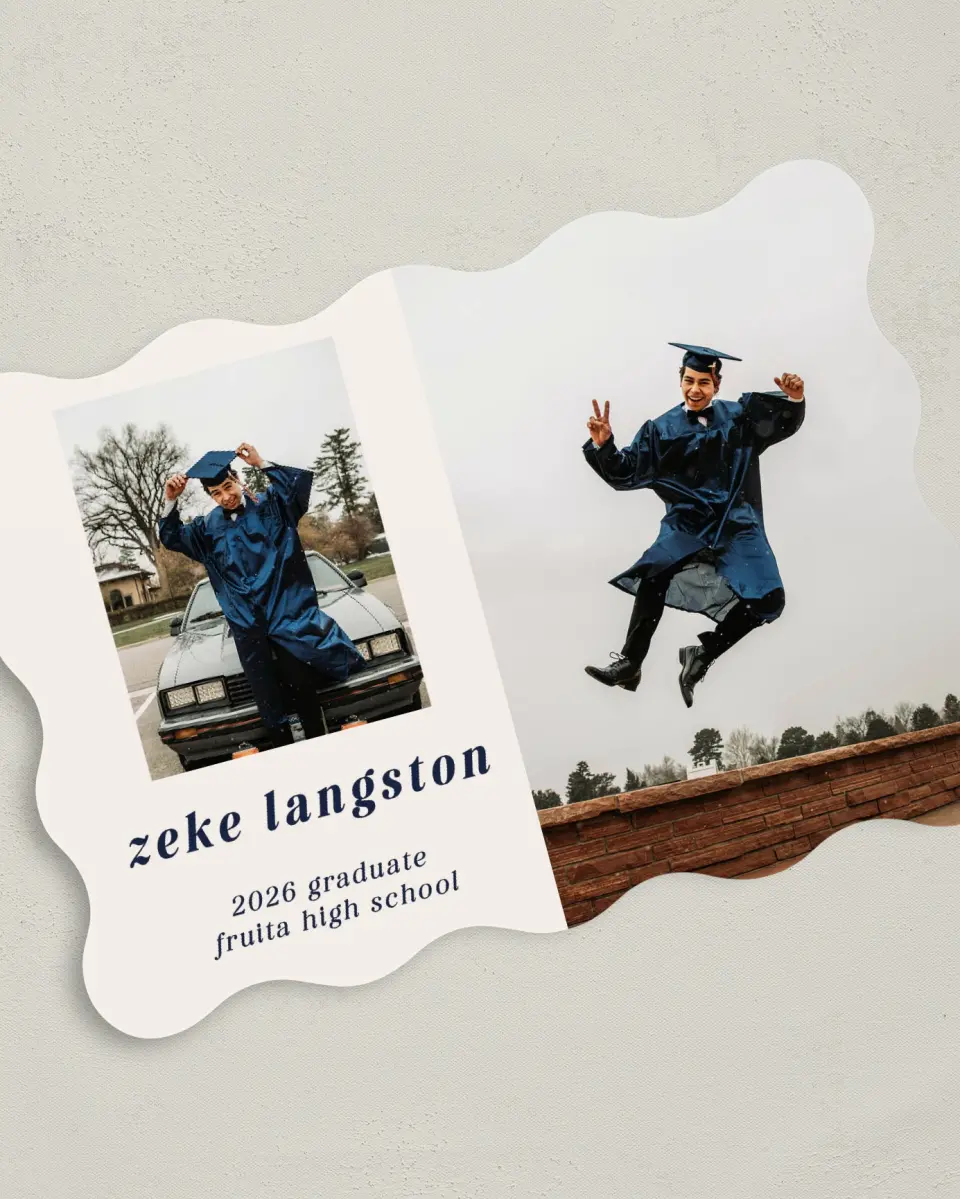 This is a 5" x 7" Graduation Announcement Card called Jumping Jubilee printed in full color on Premium Smooth paper