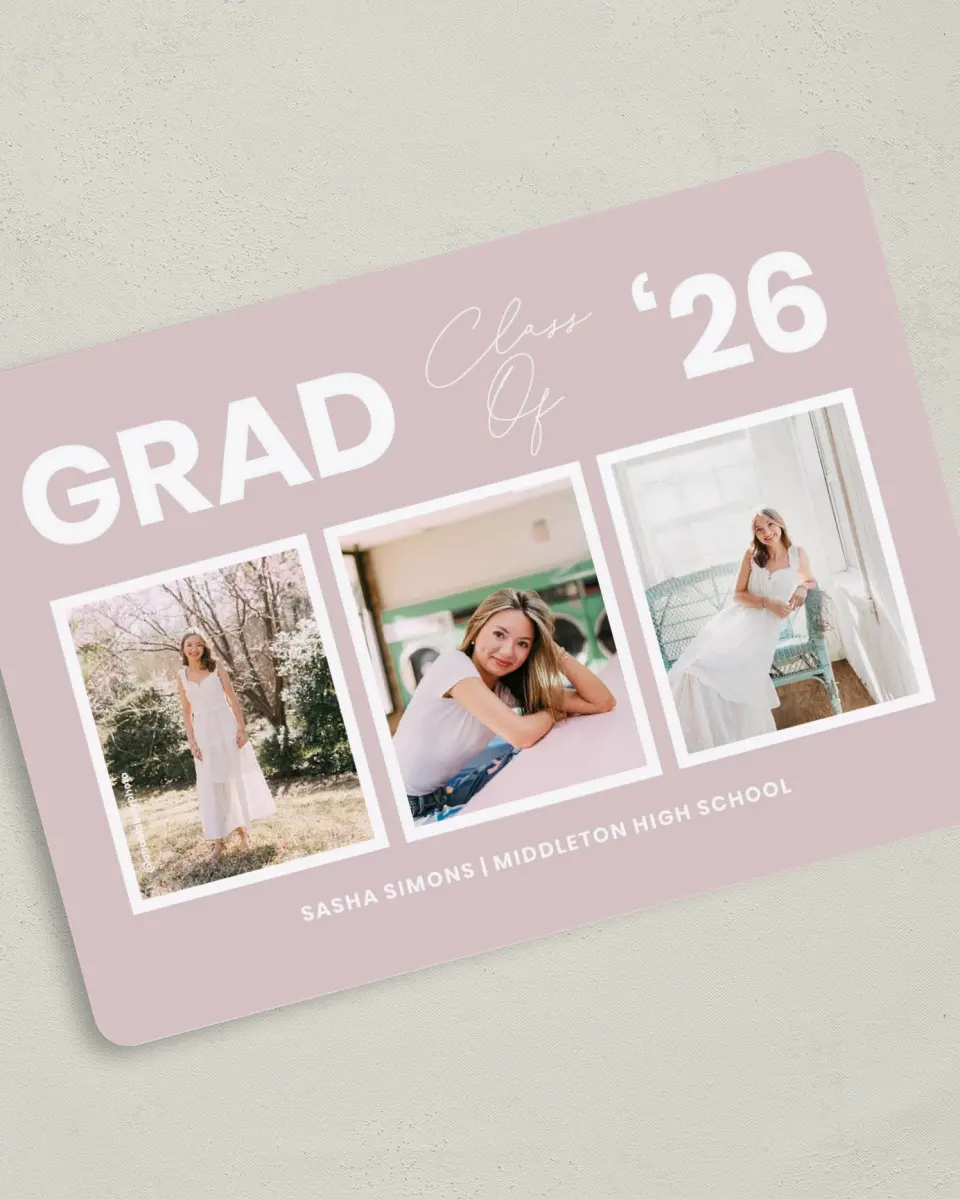 This is a 5" x 7" Graduation Announcement Card called Caps Off to You printed in full color with Gold foil on Premium Smooth paper