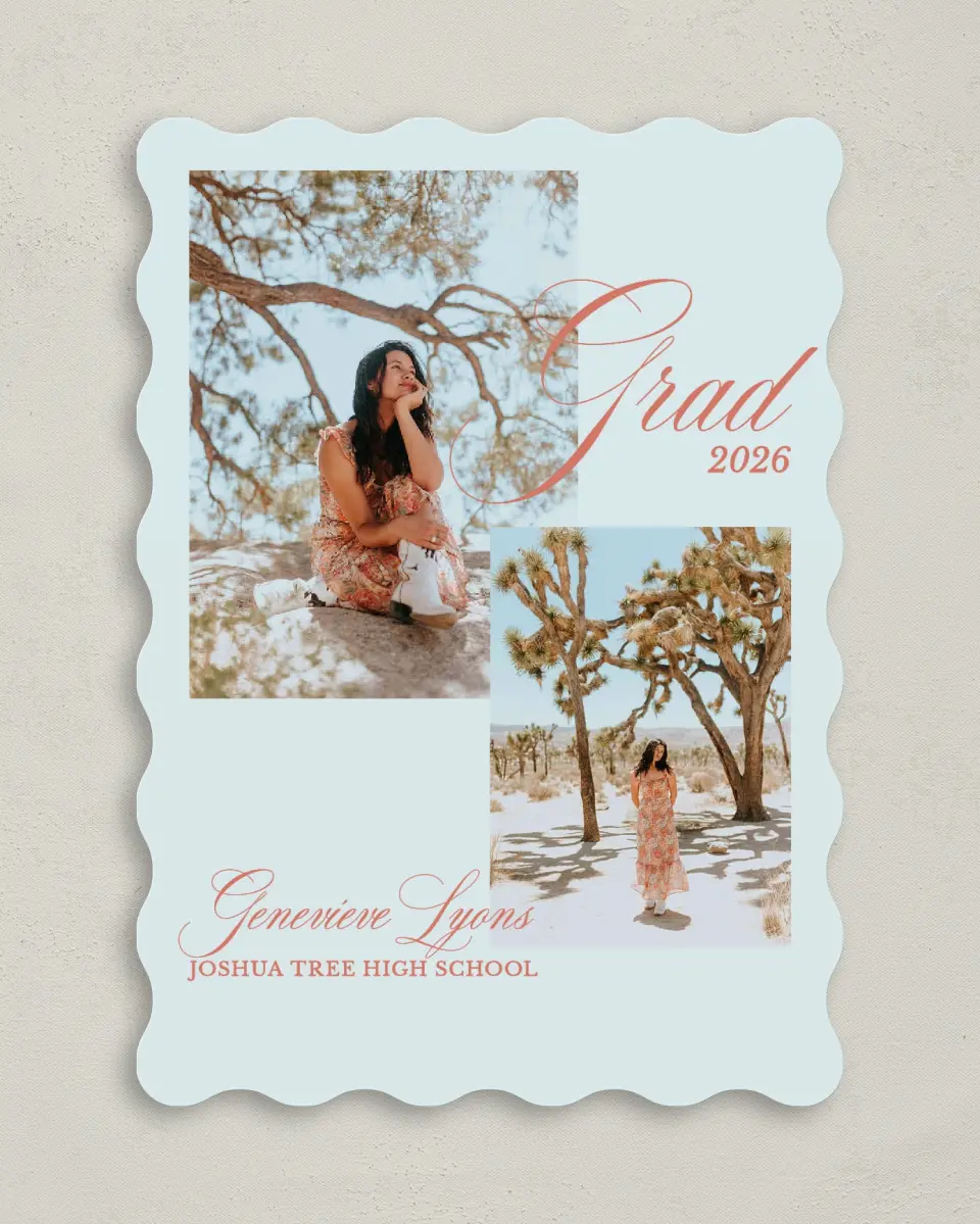 This is a 5" x 7" Graduation Announcement Card called Scripted Accolades printed in full color on Premium Smooth paper