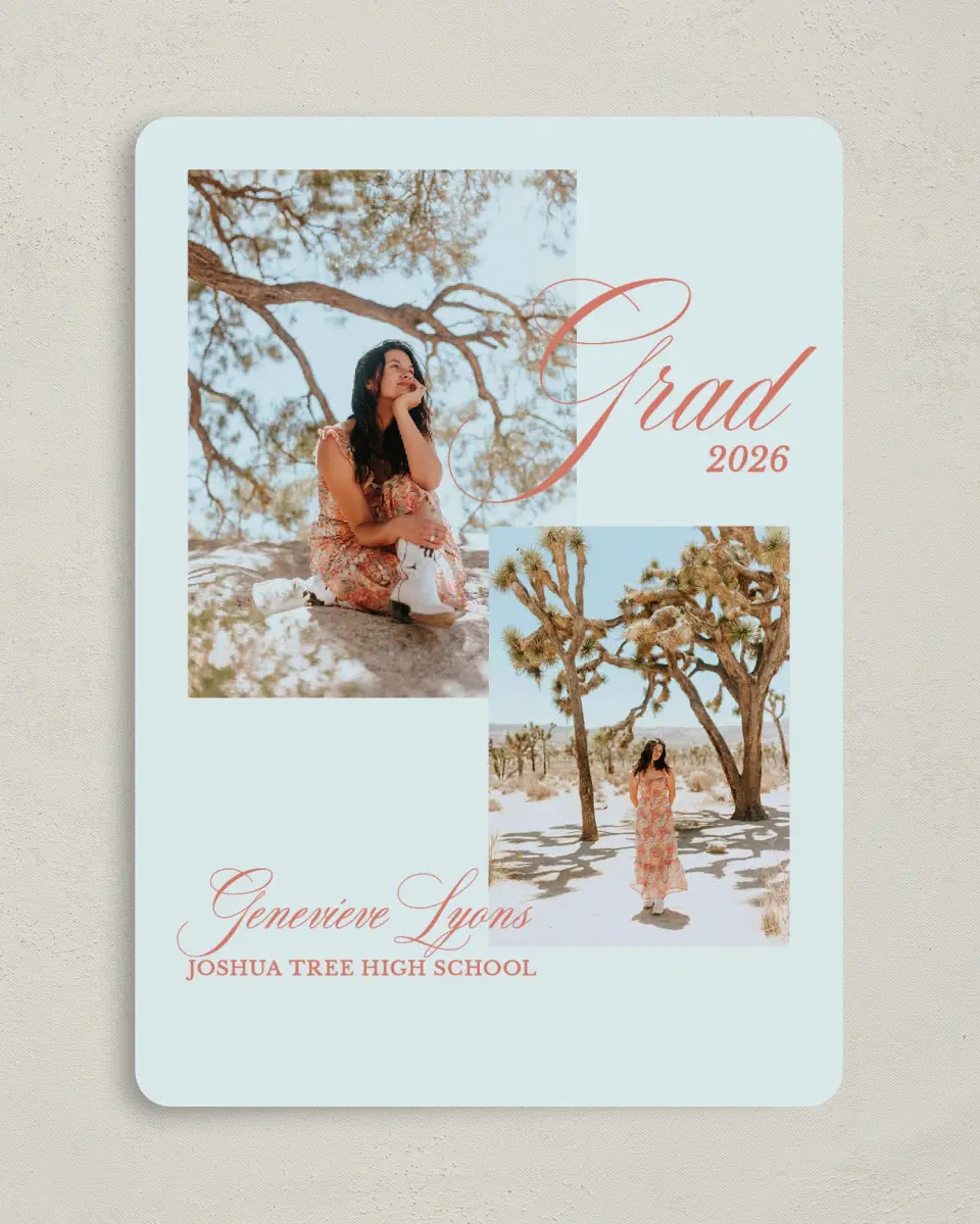 This is a 5" x 7" Graduation Announcement Card called Scripted Accolades printed in full color on Premium Smooth paper