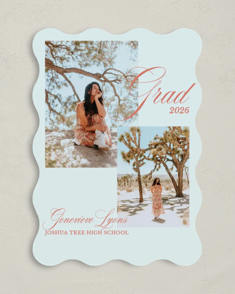 This is a 5" x 7" Graduation Announcement Card called Scripted Accolades printed in full color on Premium Smooth paper