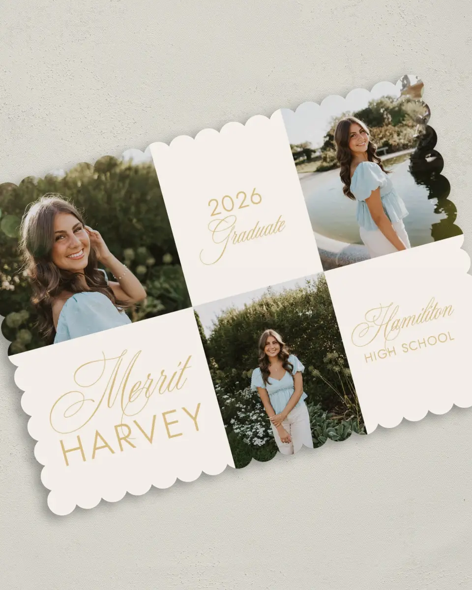 This is a 5" x 7" Graduation Announcement Card called Stay Golden printed in full color on Premium Smooth paper