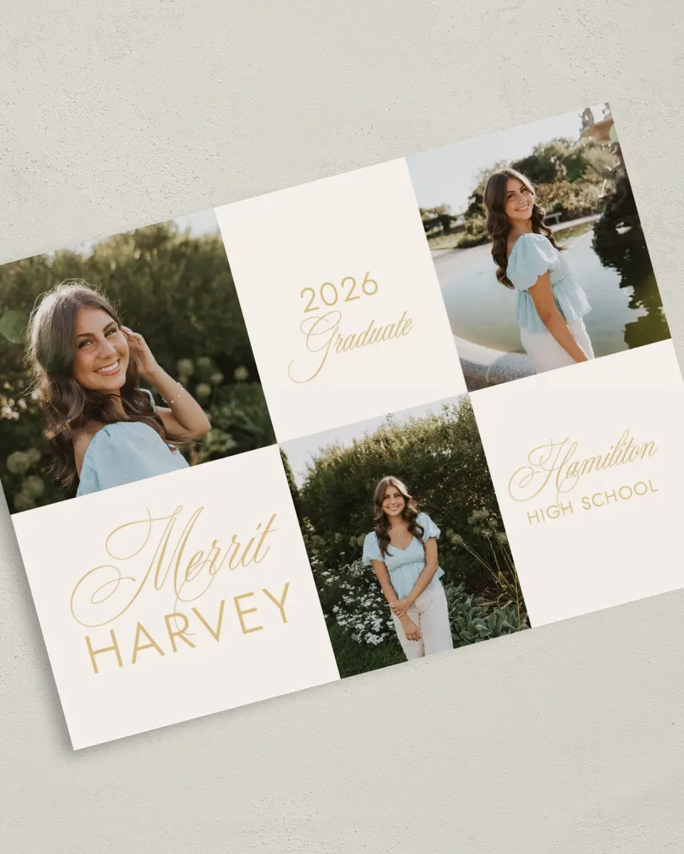 This is a 5" x 7" Graduation Announcement Card called Stay Golden printed in full color on Premium Smooth paper