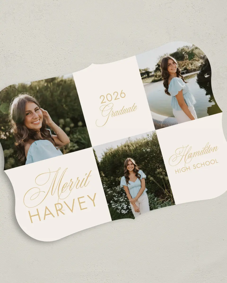 This is a 5" x 7" Graduation Announcement Card called Stay Golden printed in full color on Premium Smooth paper