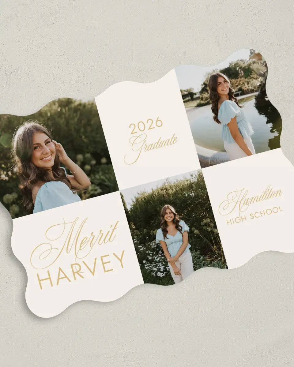 This is a 5" x 7" Graduation Announcement Card called Stay Golden printed in full color on Premium Smooth paper