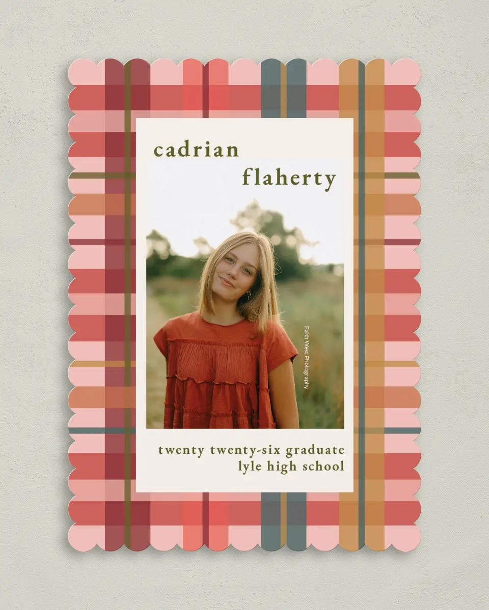 This is a 5" x 7" Graduation Announcement Card called Plaid Praise printed in full color on Premium Smooth paper