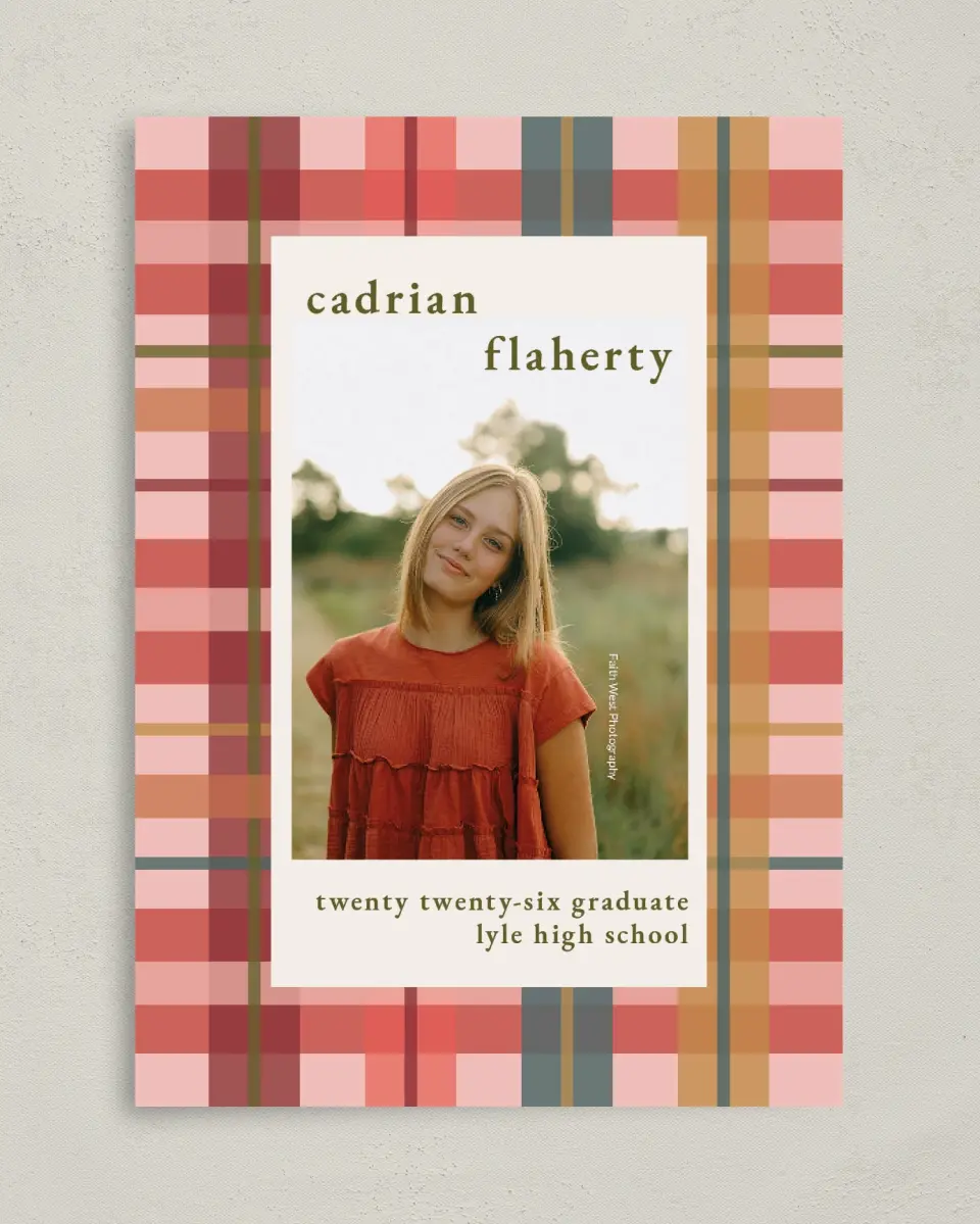 This is a 5" x 7" Graduation Announcement Card called Plaid Praise printed in full color on Premium Smooth paper