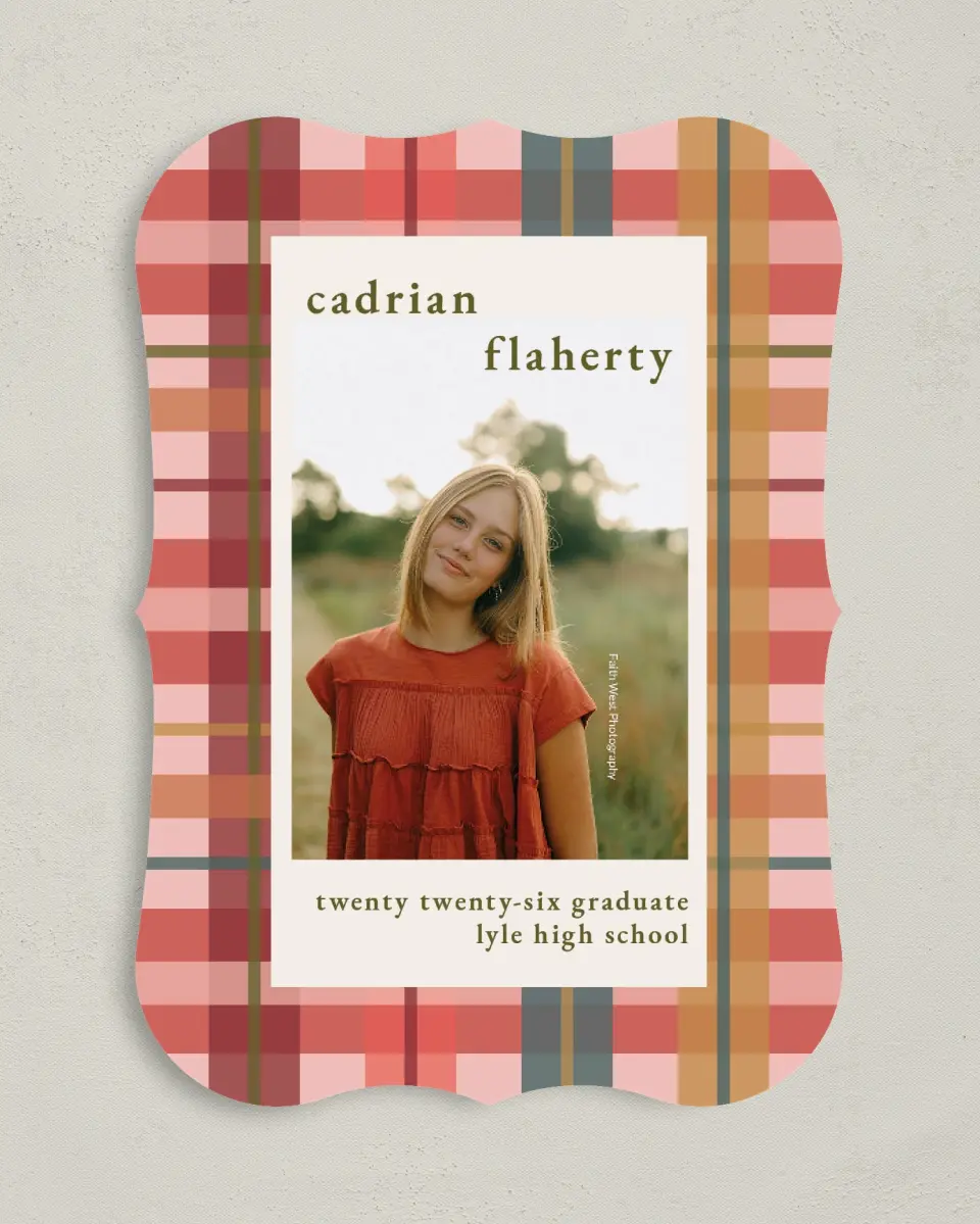 This is a 5" x 7" Graduation Announcement Card called Plaid Praise printed in full color on Premium Smooth paper
