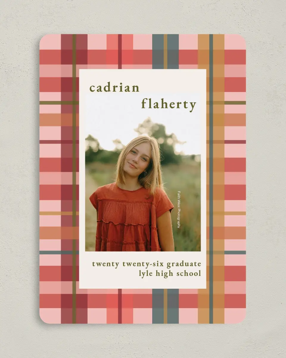 This is a 5" x 7" Graduation Announcement Card called Plaid Praise printed in full color on Premium Smooth paper