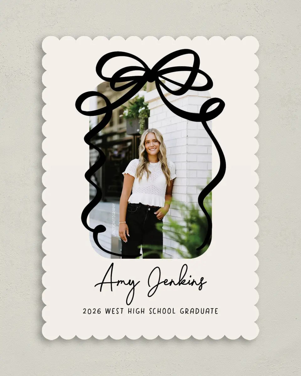This is a 5" x 7" Graduation Announcement Card called All Tied Up printed in full color on Premium Smooth paper
