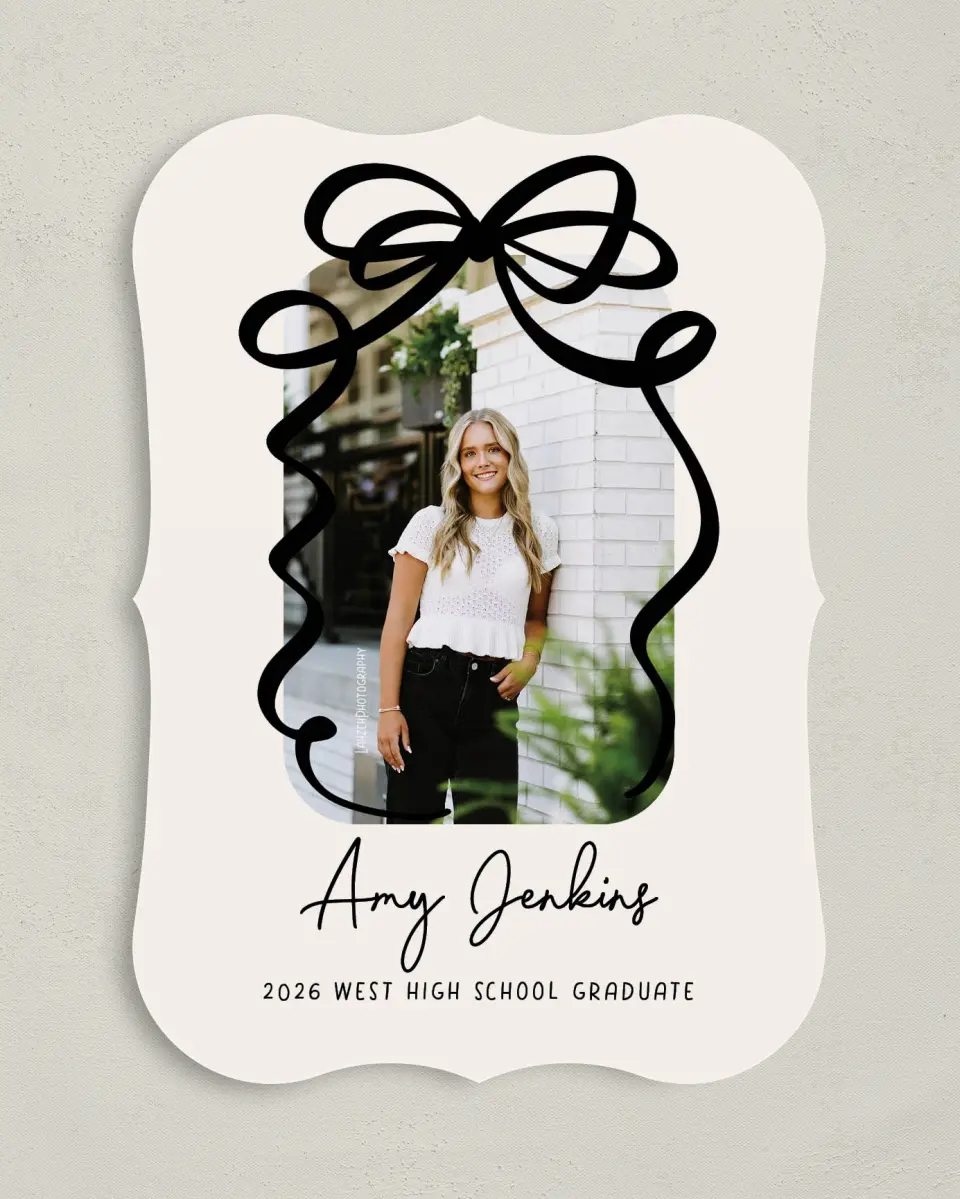 This is a 5" x 7" Graduation Announcement Card called All Tied Up printed in full color on Premium Smooth paper