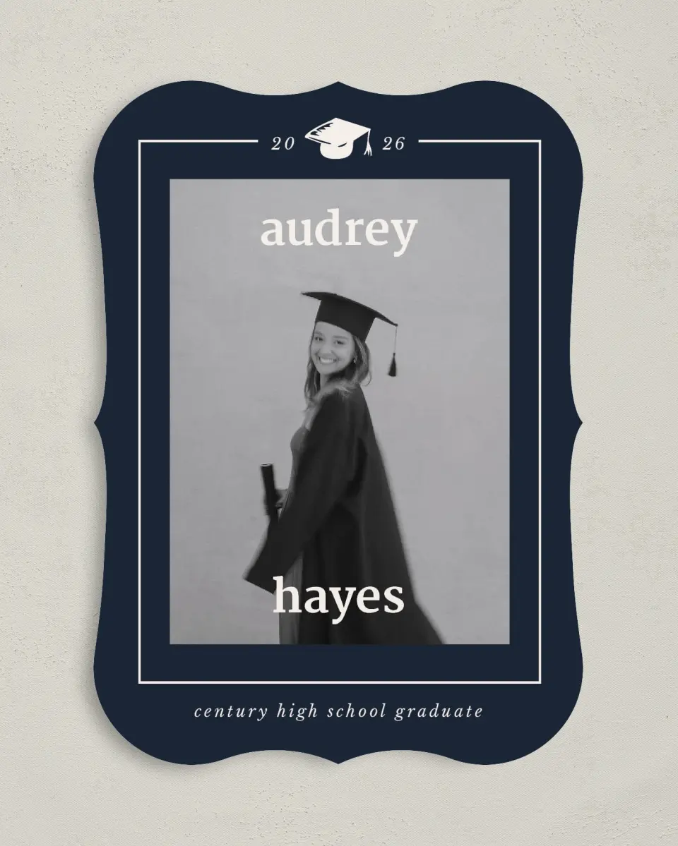 This is a 5" x 7" Graduation Announcement Card called Framed Triumph printed in full color on Premium Smooth paper