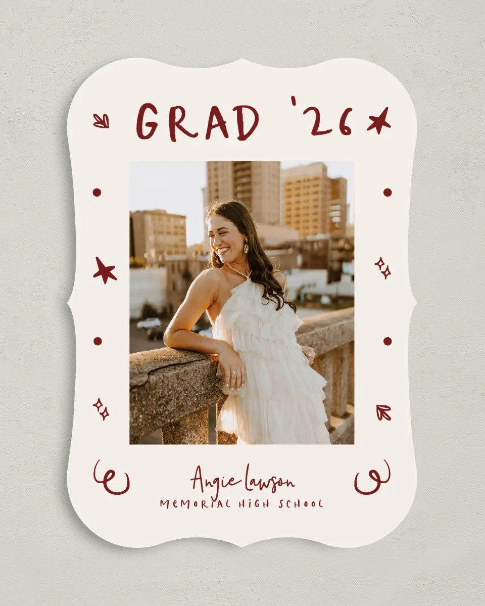 This is a 5" x 7" Graduation Announcement Card called Celebratory Confetti printed in full color with Gold foil on Premium Smooth paper