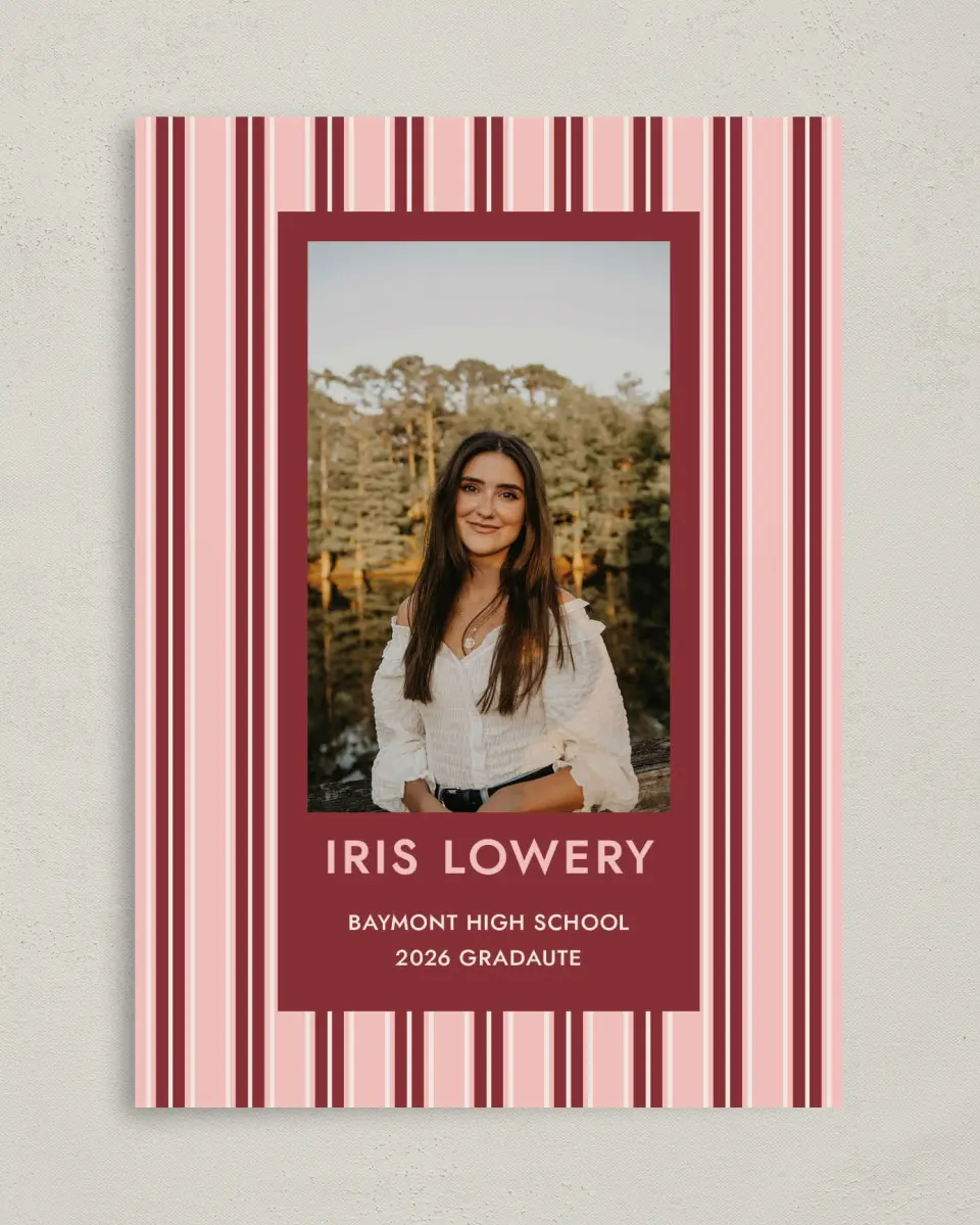 This is a 5" x 7" Graduation Announcement Card called Striped Admiration printed in full color with Gold foil on Premium Smooth paper