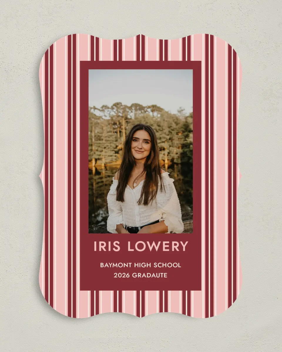 This is a 5" x 7" Graduation Announcement Card called Striped Admiration printed in full color with Gold foil on Premium Smooth paper