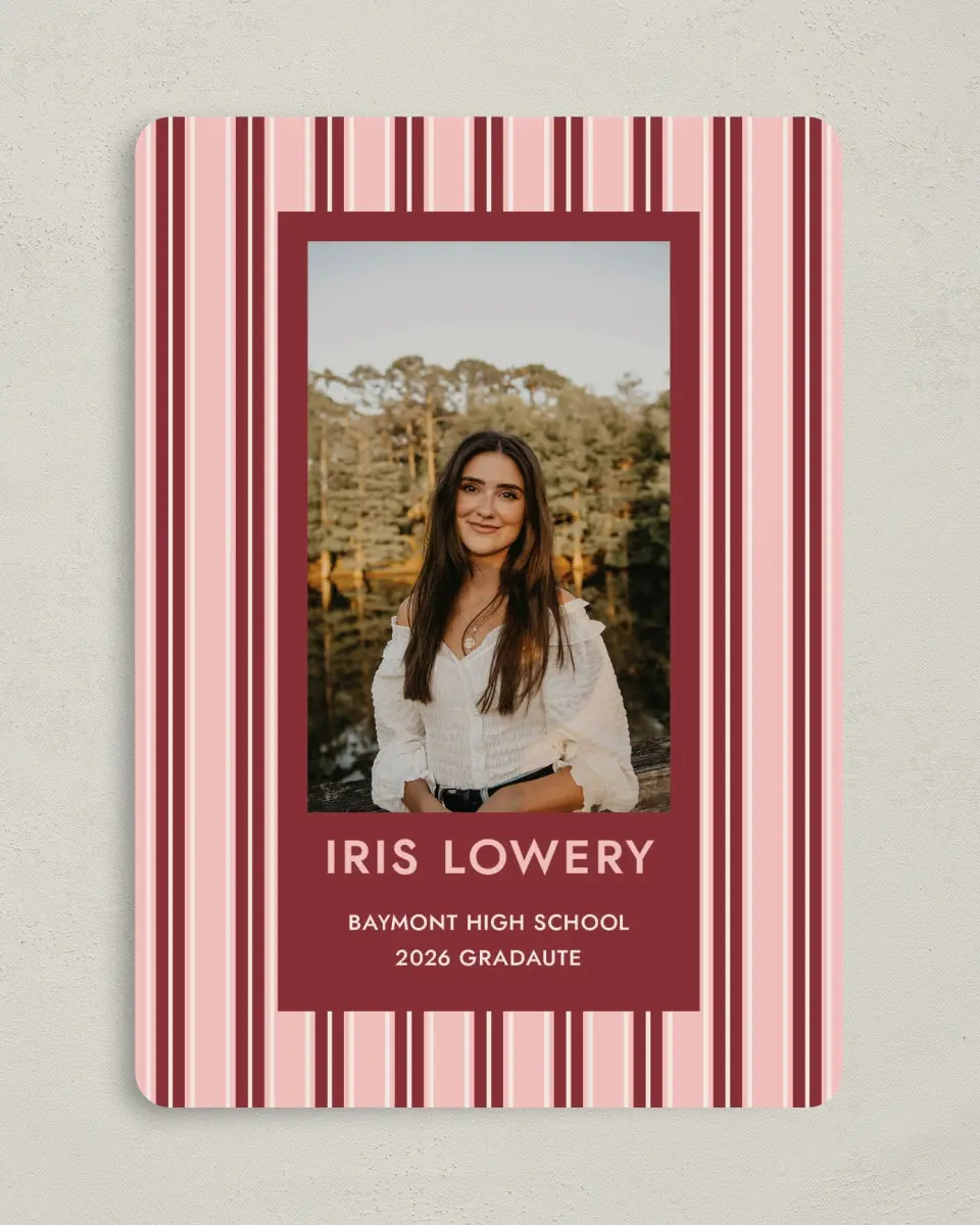 This is a 5" x 7" Graduation Announcement Card called Striped Admiration printed in full color with Gold foil on Premium Smooth paper