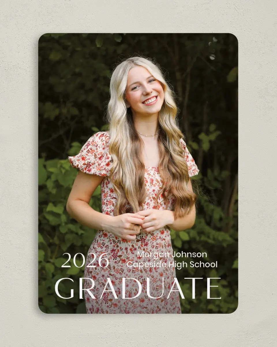 This is a 5" x 7" Graduation Announcement Card called Spotlight Grad printed in full color with Gold foil on Premium Smooth paper