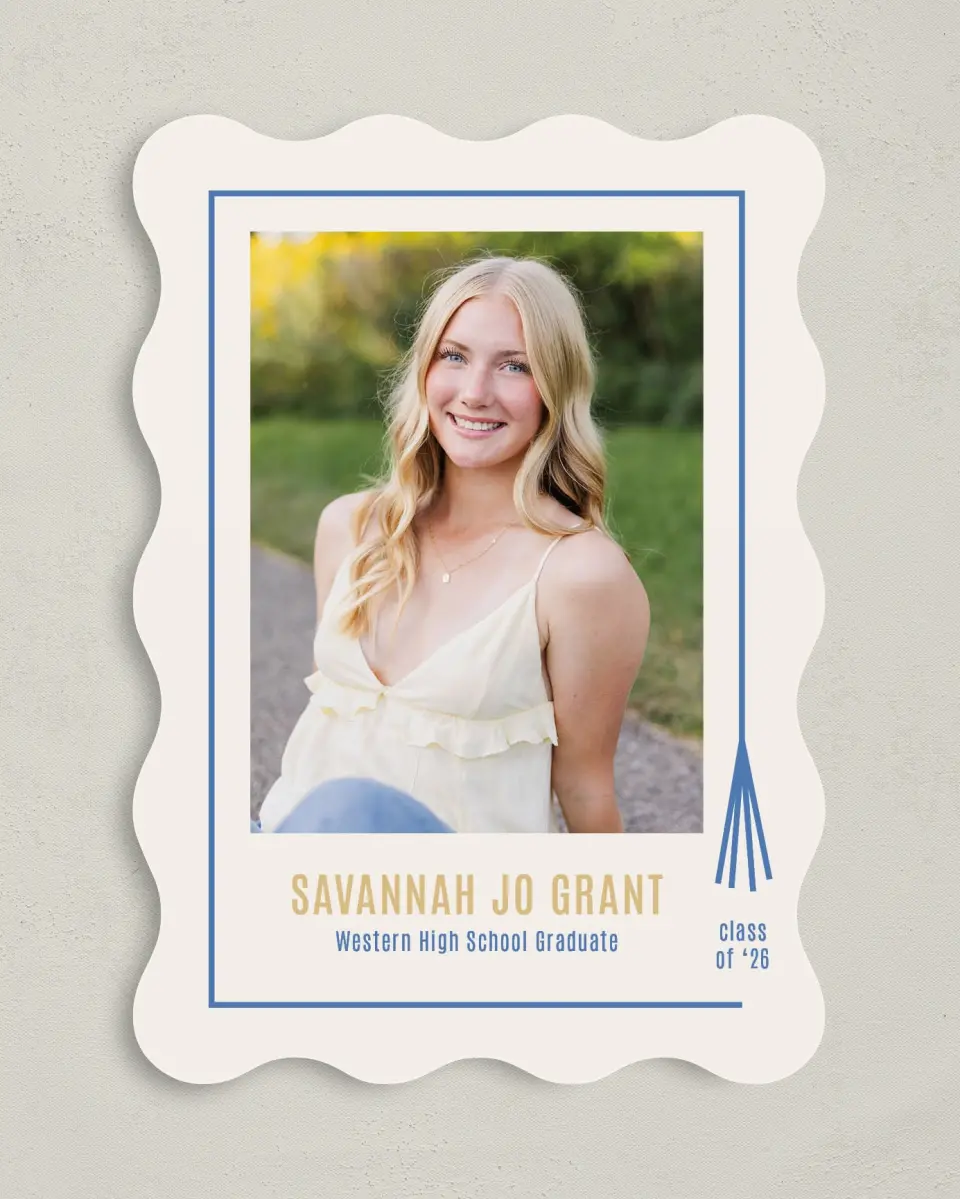 This is a 5" x 7" Graduation Announcement Card called Turning Tassels printed in full color with Gold foil on Premium Smooth paper