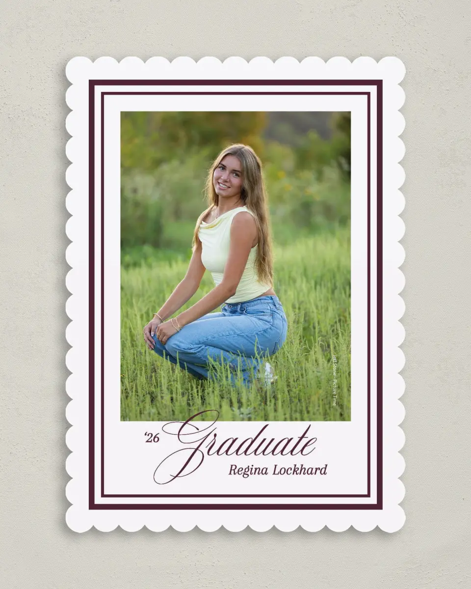 This is a 5" x 7" Graduation Announcement Card called Timeless Frame printed in full color on Premium Smooth paper