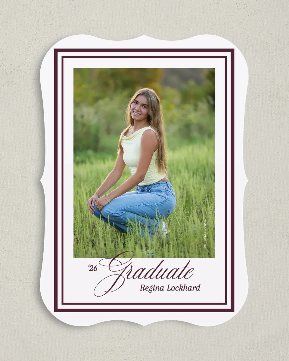 This is a 5" x 7" Graduation Announcement Card called Timeless Frame printed in full color on Premium Smooth paper
