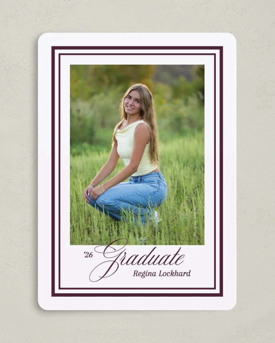This is a 5" x 7" Graduation Announcement Card called Timeless Frame printed in full color on Premium Smooth paper