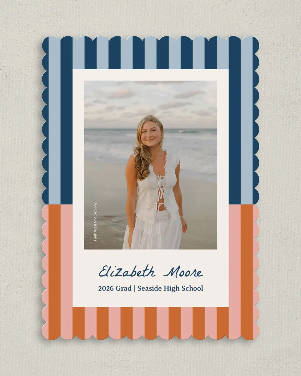 This is a 5" x 7" Graduation Announcement Card called Scholarly Stripes printed in full color with Gold foil on Premium Smooth paper