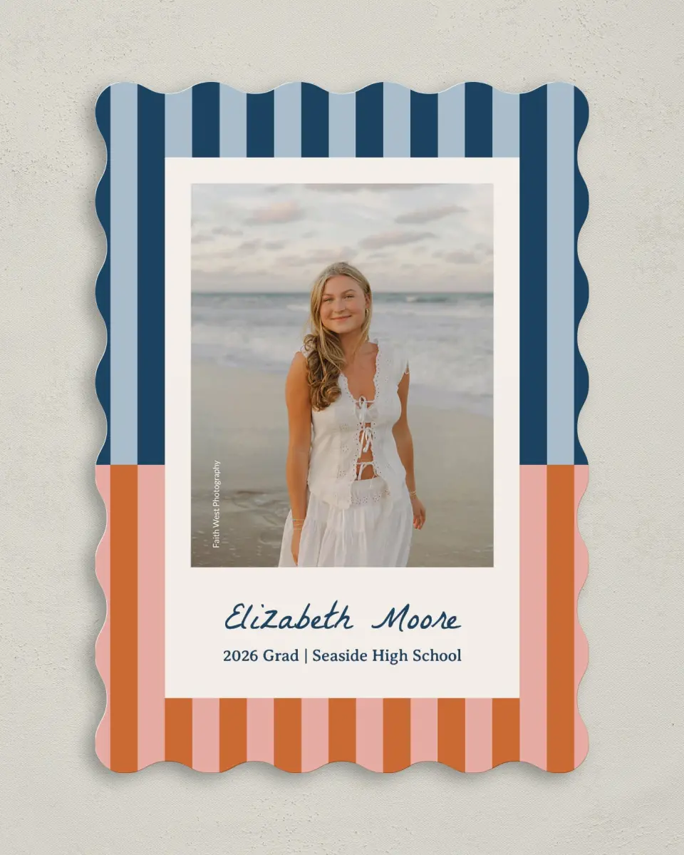 This is a 5" x 7" Graduation Announcement Card called Scholarly Stripes printed in full color with Gold foil on Premium Smooth paper