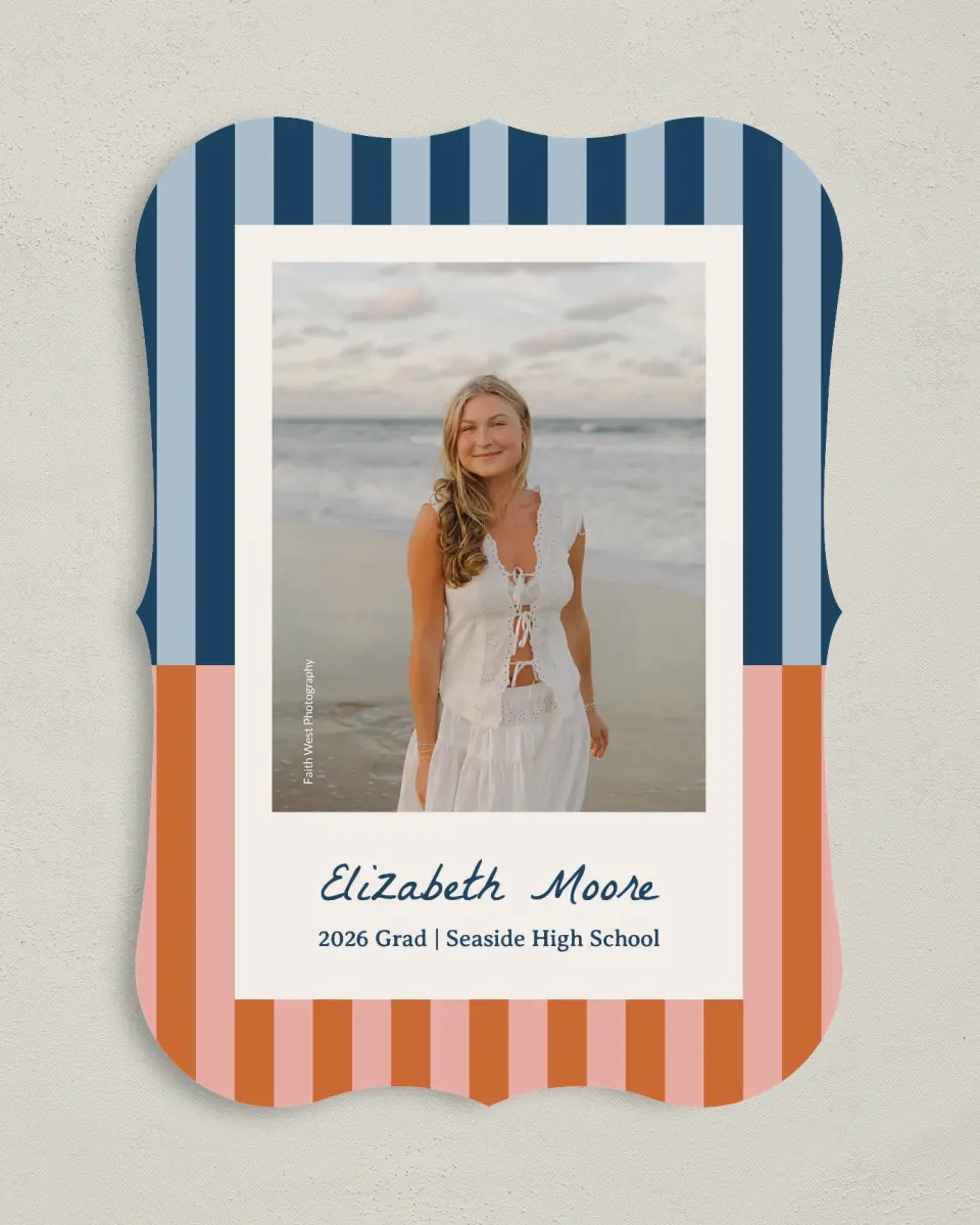 This is a 5" x 7" Graduation Announcement Card called Scholarly Stripes printed in full color with Gold foil on Premium Smooth paper