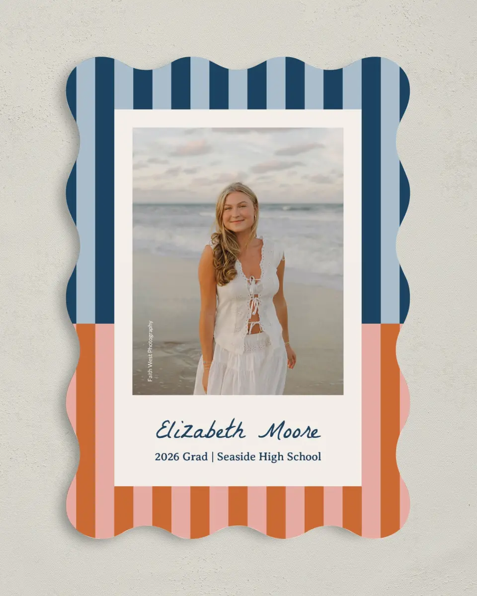 This is a 5" x 7" Graduation Announcement Card called Scholarly Stripes printed in full color with Gold foil on Premium Smooth paper