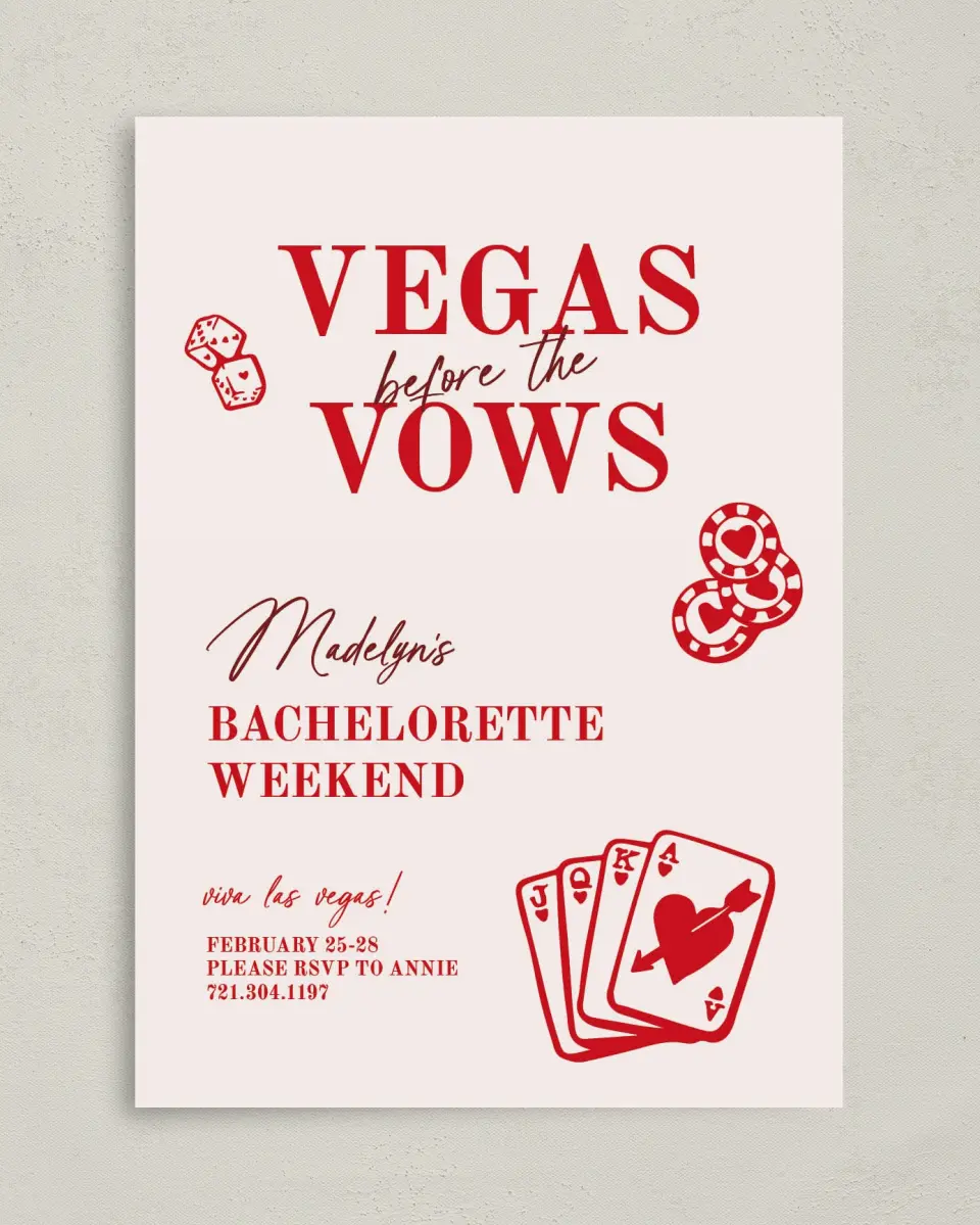 This is a 5" x 7" Bachelorette Party Invitation called Vegas Before the Vows printed in full color on Premium Smooth paper