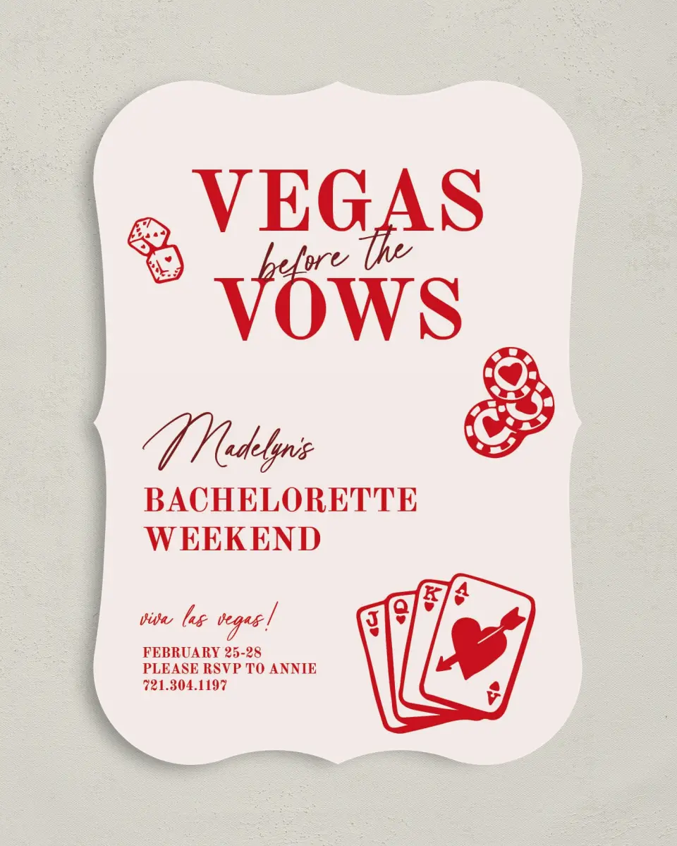 This is a 5" x 7" Bachelorette Party Invitation called Vegas Before the Vows printed in full color on Premium Smooth paper