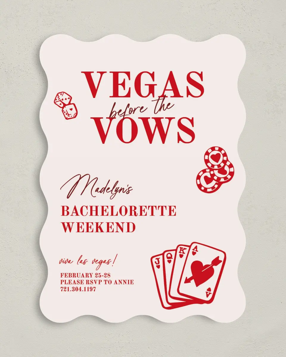 This is a 5" x 7" Bachelorette Party Invitation called Vegas Before the Vows printed in full color on Premium Smooth paper