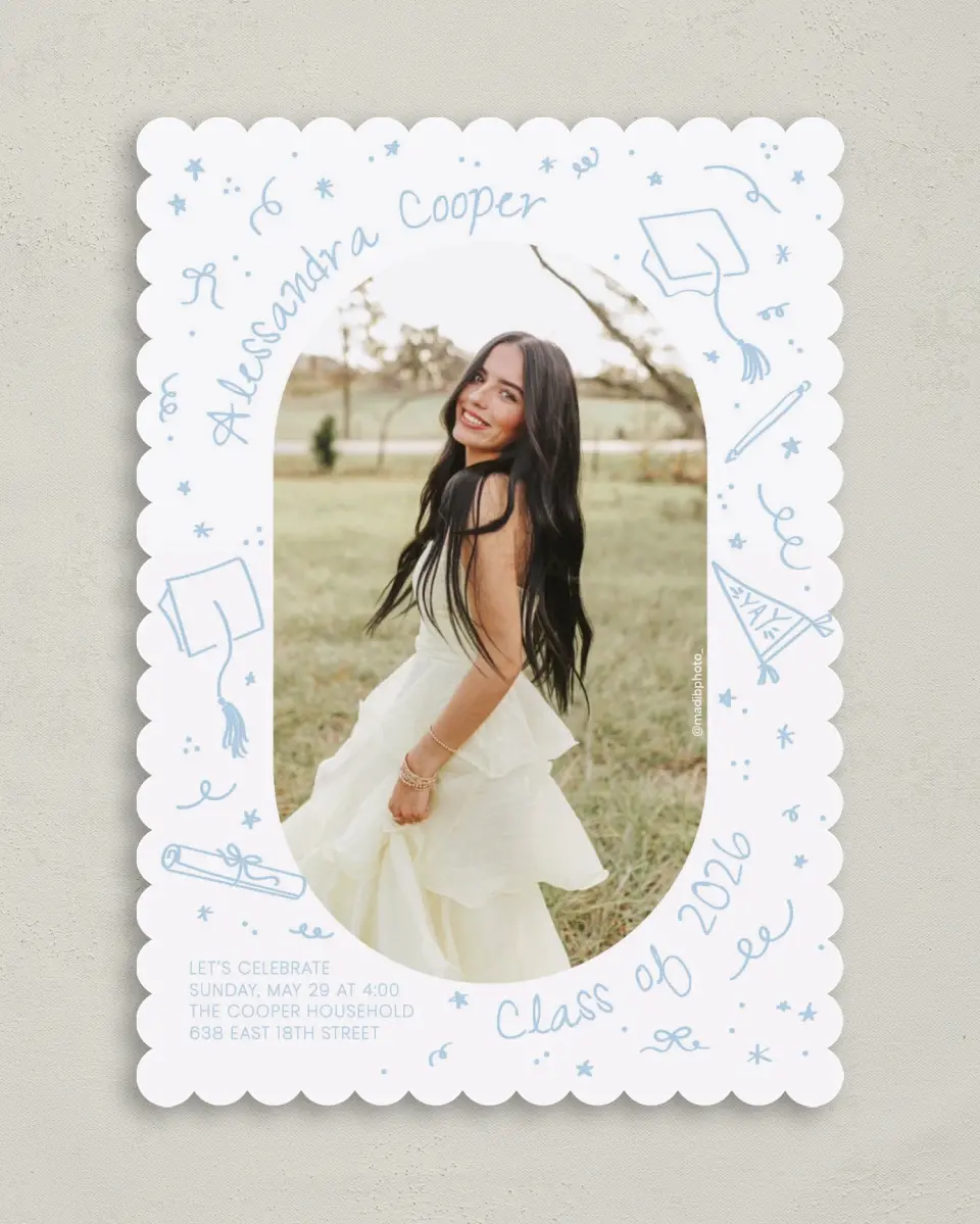 This is a 5" x 7" Graduation Announcement Card called Doodles in the Margin printed in full color on Premium Smooth paper
