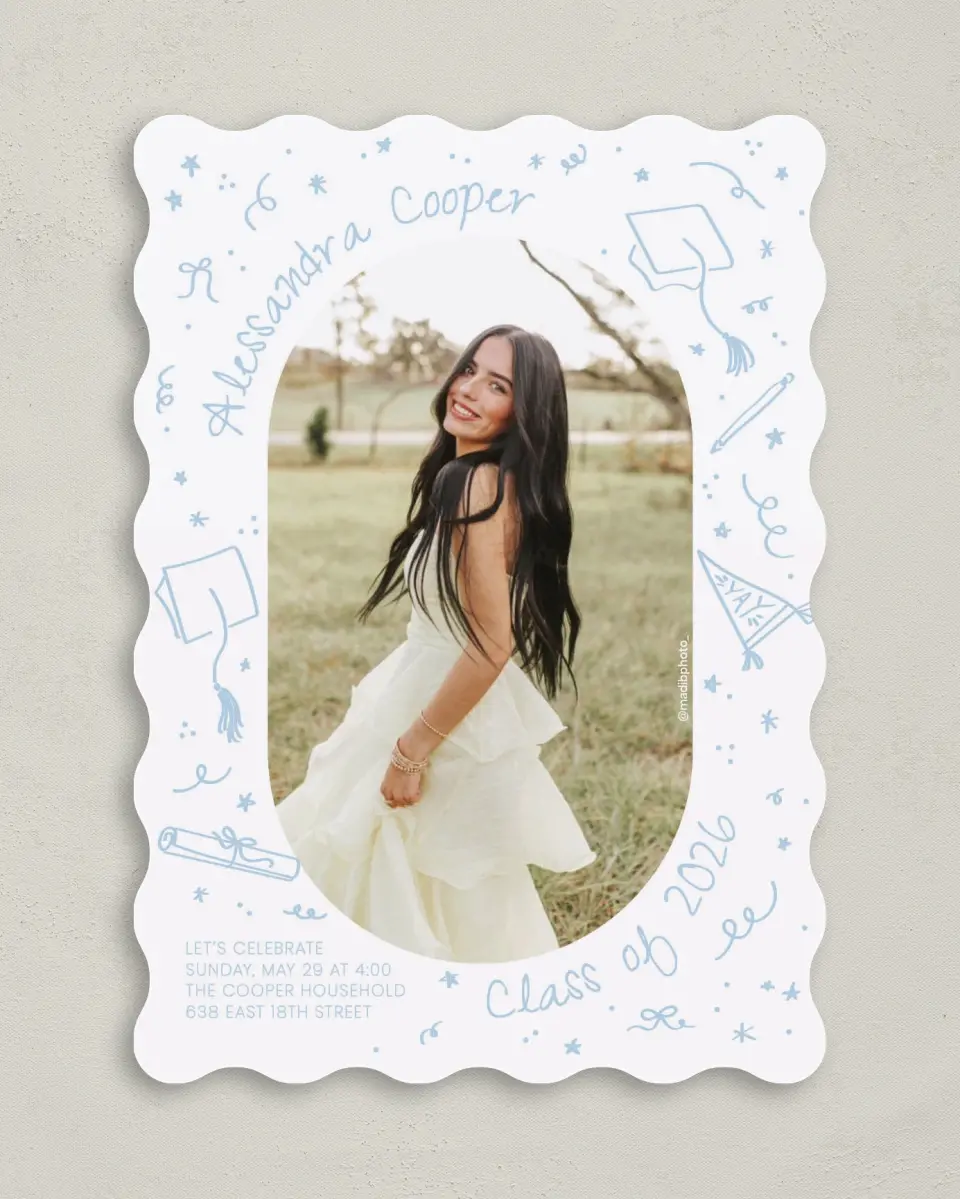 This is a 5" x 7" Graduation Announcement Card called Doodles in the Margin printed in full color on Premium Smooth paper
