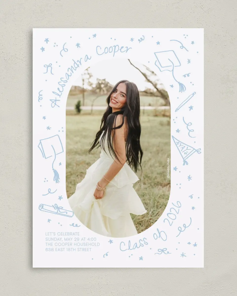 This is a 5" x 7" Graduation Announcement Card called Doodles in the Margin printed in full color on Premium Smooth paper