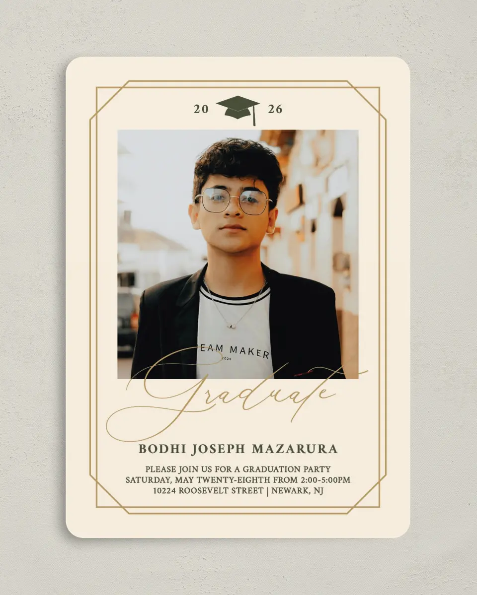 This is a 5" x 7" Graduation Announcement Card called Mature Minimalist printed in full color on Premium Smooth paper