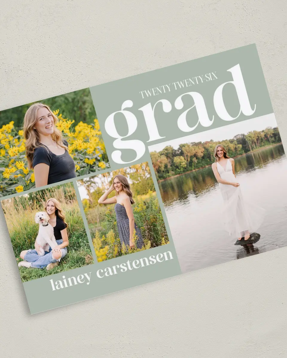 This is a 5" x 7" Graduation Announcement Card called Sweet Smiles printed in full color on Premium Smooth paper