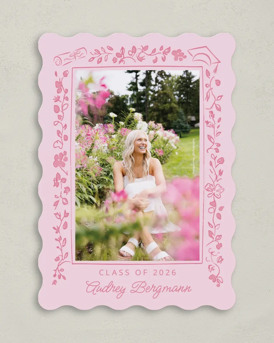 This is a 5" x 7" Graduation Announcement Card called Happily in Bloom printed in full color with Gold foil on Premium Smooth paper