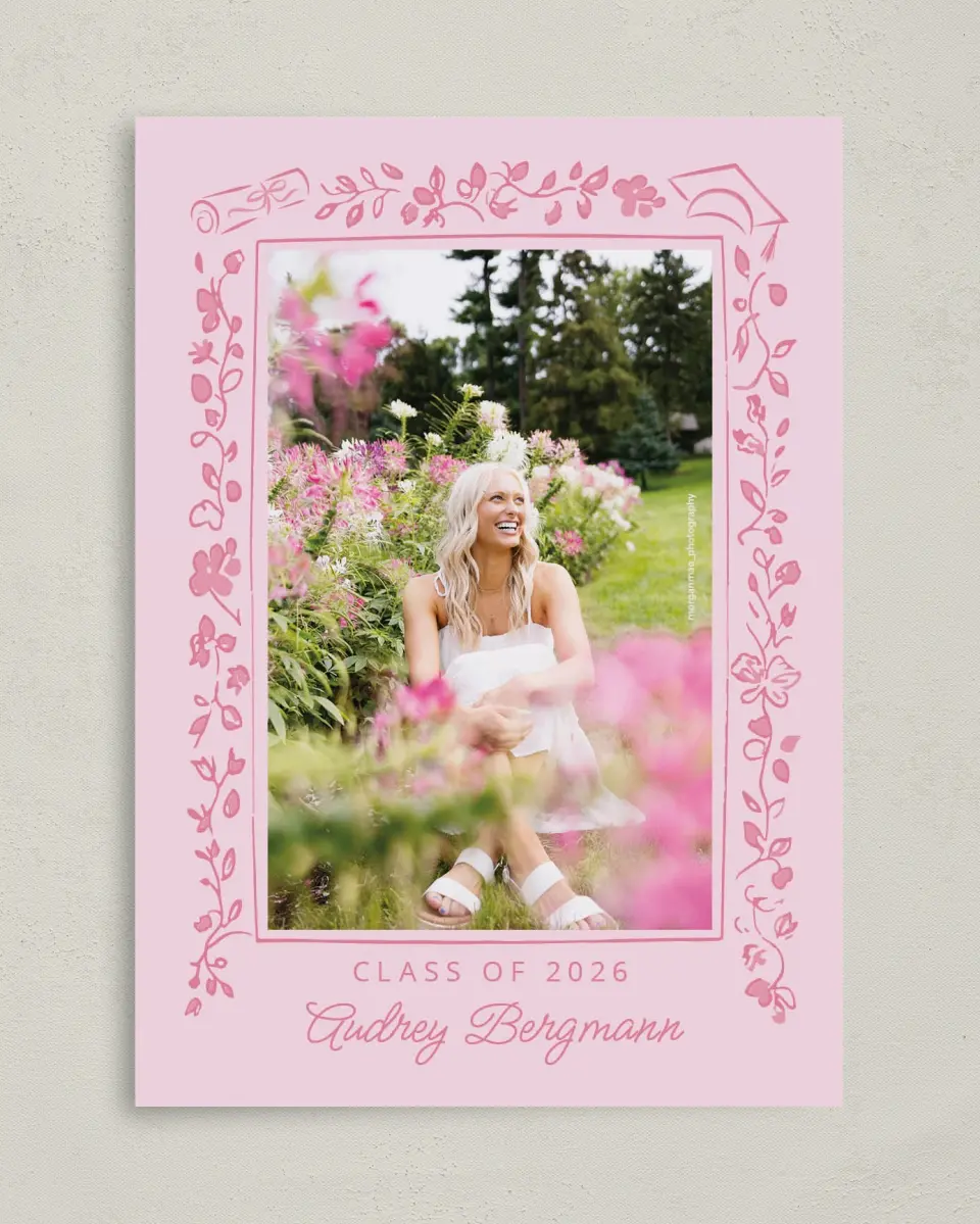 This is a 5" x 7" Graduation Announcement Card called Happily in Bloom printed in full color with Gold foil on Premium Smooth paper