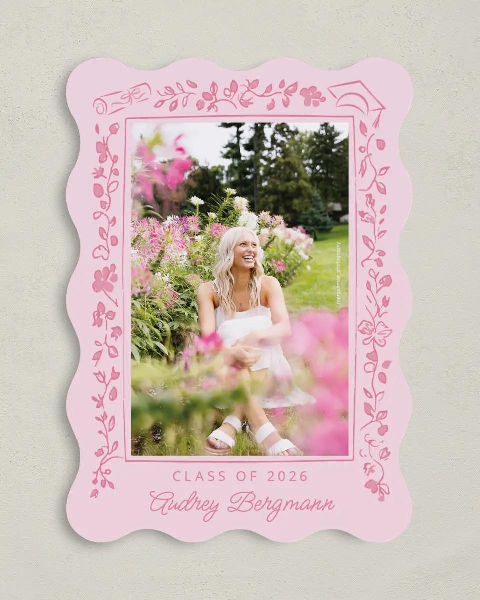 This is a 5" x 7" Graduation Announcement Card called Happily in Bloom printed in full color with Gold foil on Premium Smooth paper