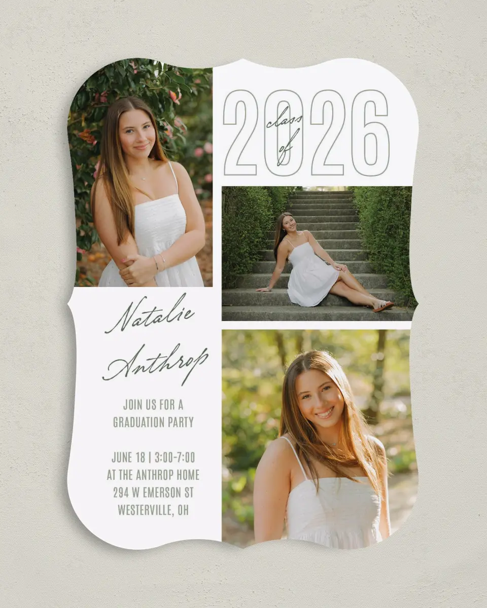 This is a 5" x 7" Graduation Announcement Card called Shining Brilliance printed in full color with Gold foil on Premium Smooth paper